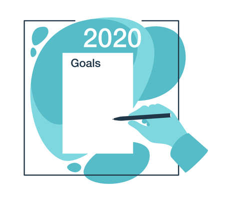 2020 New Year goals wishlist template - empty paper page in abstract decoration and human hand holding a pen - isolated vector conceptのイラスト素材