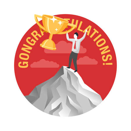 Congratulations on the victory career and success concept - man on mountain top with first place golden cup - challenge, competition and goal achievement - isolated vector badgeのイラスト素材