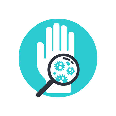 Microbes (or virus) living on skin surface - human hand with bacteries inside a loupe - isolated icon for healthcare and quarantine preventionのイラスト素材