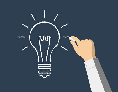 Human draws a chalk lamp on the board - vector illustrationn for idea, success, innovationのイラスト素材