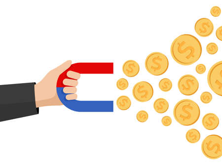 Magnet in hand attracts coins with dollar symbol - conceptual vector illustration of marketing, profit, investiment, wealthのイラスト素材
