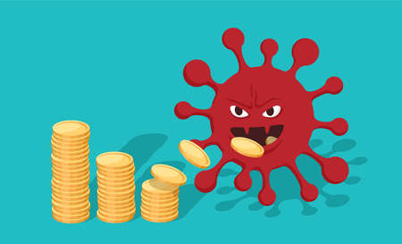Coronavirus eating money coins (budget of countries and healthcare program) - economics impact for medical purposes conceptのイラスト素材