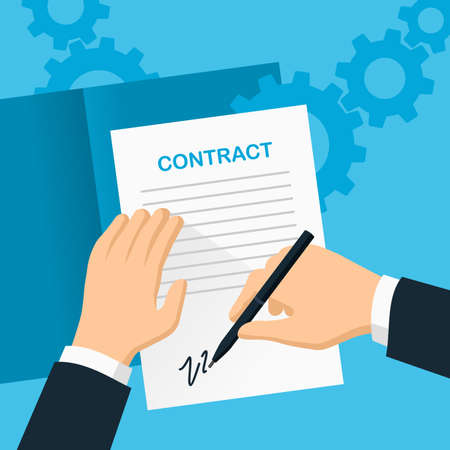 Contract signing and partnership agreement signature concept - isolated illustration with document, hands, pen and creative decoration elementsのイラスト素材