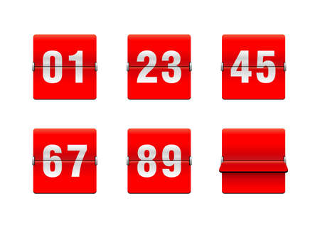 Flip countdown clock with two-digit number - red counter timer, time remaining count down scoreboard in flip board with different digits from 0 to 9のイラスト素材