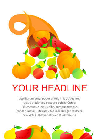 Cornucopia with fruits and vegetables - vector template for autumn harvest festivals and food marketsのイラスト素材