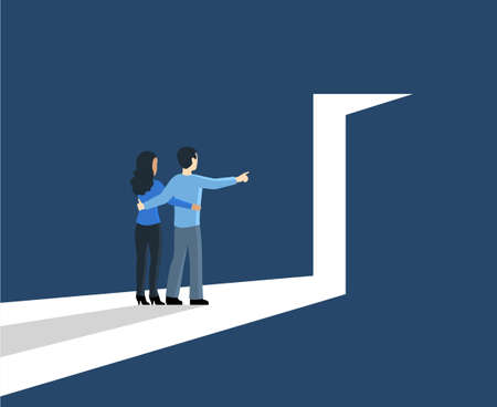 Couple opening door with bright light inside - concept of career, opportunity, business challenge - vector illustration for business and people rightsのイラスト素材