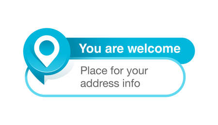 Address block template for website or banner - creative decorated frame with geo location pin (marker) and place for address info - isolated vector web elementのイラスト素材