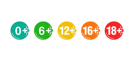 age limit signs set for censoring of different categories for children and adults - 0, 6, 12, 16 and 18 plus ages - vector emblems collectionのイラスト素材
