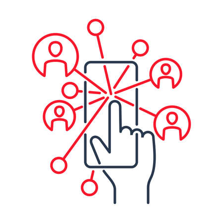 Networking  - internet share with friends icon - hand touching smartphone screen with user avatars around - isolated thin line vector emblemのイラスト素材
