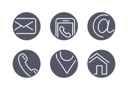 Contacts icons - set of contact information pictograms - e-mail, smartphone, at sign, phone handset, geolocation pin and home - creative vector web buttonsのイラスト素材