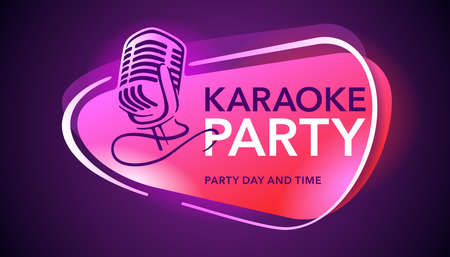 Karaoke Party flyer, banner or poster template - microphone silhouette and sample text on dark neon glowing backgroundのイラスト素材