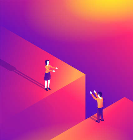 Complexity of distant romantic relationship isometric illustration - loving couple (man and woman) stands on the edge of the abyss opposite each otherのイラスト素材