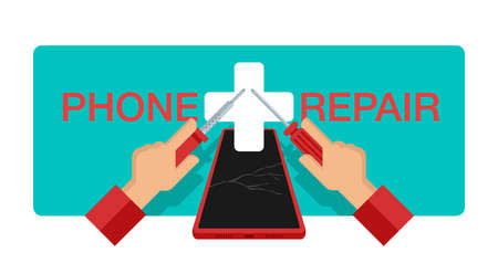 Mobile phone repair service banner - hands holding soldering tool and screwdriver and broken smartphone - vector advertisingのイラスト素材