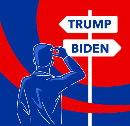 USA - NOVEMBER, 2020: US President election concept - correct decision choosing - man stands near the signpost with candidates surnames instead of street names - vector posterのイラスト素材