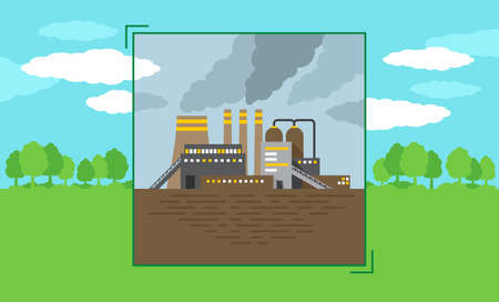 Environmental impact and protection - eco concept - factory contaminated atmosphere in frame and green landscape with blue sky around - vector illustrationのイラスト素材