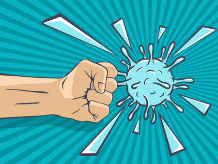 Fight against covid-19 pandemic - people against coronavirus concept - hotting fist and destroyed bacterie illustrationのイラスト素材