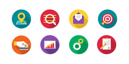 Set of vector icons in colorful flat style - location, search, mail, payment, graph, gears and listのイラスト素材