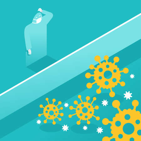 Bacterial dicease coronavirus COVID-2019 danger - human enclosed by wall with bacteries outside the barrier - conceptual illustration and banner templateのイラスト素材