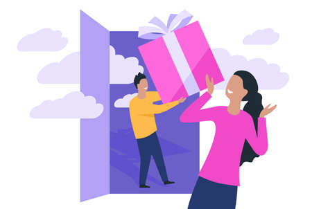 Gift giving concept - boyfriend stay in doorway and gives a present box to his girlfriend - romantic cartoon vector illustration in heart shapeのイラスト素材