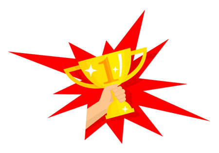 First place golden cup award inside starburst explosion - vector isolated icon or illustrationのイラスト素材