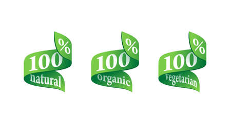 100 percants natural, 100 organic, 100 vegan - mark for healthy food, vegetarian nutrition - vector sticker setのイラスト素材