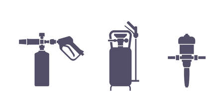 Car foam equipment for car wash service - gun sprayer, foam generatorfor pressure sprayer and dosatron dosing pump - isolated vector monochrome iconsのイラスト素材