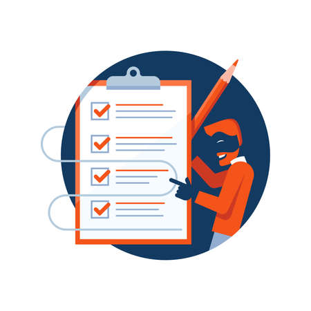 Checklist icon - absctact smiling man holding big completed check list (test, questionnaire, planning) and big pencil - isolated vector illustration in dark blue and orange colorsのイラスト素材