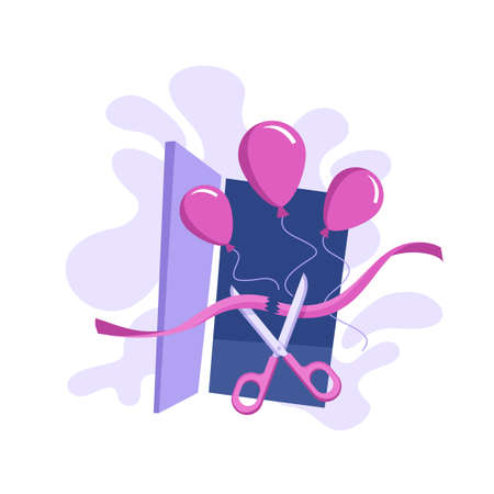Ribbon cutting opening ceremony - scissors, wavy ribbon, open door and air balloons - vector isolated conceptのイラスト素材