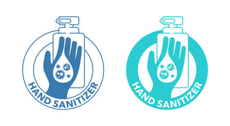Hand sanitizer logo - antibacterial protection liquid gel for prevention of virus illness - isolated vector monochrome stampのイラスト素材