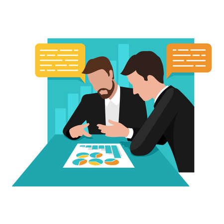 Business management creative concept - two businessmen discussing the company's development schedule on abstract background - vector isolated illustrationのイラスト素材