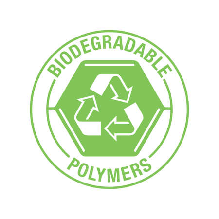 Biodegradable polymers stamp - green emblem with plastic polymer molecule and recycling symbol - eco-friendly plastic products markingのイラスト素材