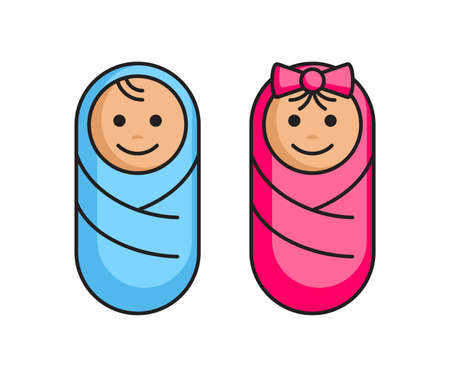 Baby icon in two variations - newborn swaddled boy and girl - flat cartoon little childrenのイラスト素材