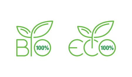 100 BIO and 100 ECO sticker set for healthy organic food products - isolated vector iconsのイラスト素材