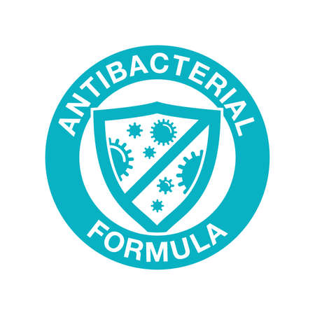 Antibacterial formula stamp - shield with crossed bacteries inside - vector isolated sign for antiseptic cosmetics and medical pharmaceutical productsのイラスト素材