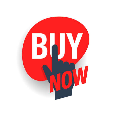 Buy now message sticker in absctract form with hand touching (clicking) text inside - isolated web...