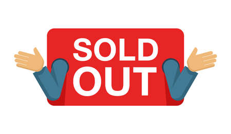 Sold Out banner (button or stamp) with perplexity gesture (hands spread apart) - creative web shop elementのイラスト素材