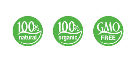 100 natural, 100 organic, 100 vegan icons - hundred percent tags for healthy food, vegetarian nutrition in leaf shape - vector sticker setのイラスト素材