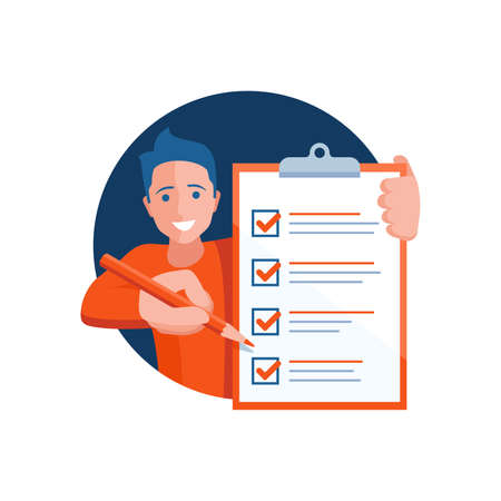Checklist icon - young smiling man holding big completed check list (test, questionnaire, planning)...