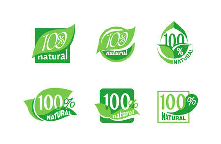 100 natural sticker collection - isolated vector quality stamp for healthy food products in 6 different options - eco-friendly icon setのイラスト素材