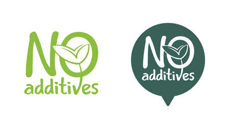 No additives sign for healthy natural food products composition labels - vector isolated pictogram in 2 variations with eco-friendly plant leafのイラスト素材