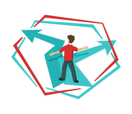 Man at crossroads in low poly style before important choice (correct decision choosing) - vector illustration for business concept or political votingのイラスト素材