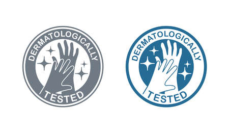 Dermatologically tested stamp - hand and liquid drop of gel or cream - isolated vector emblem for cosmetics pacakingのイラスト素材