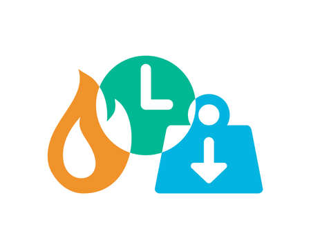Metabolic equivalent of task (MET) - ratio of rate at which person expends energy - icons combination - fat (calories) burning, time of activity and body mass (weight scales)のイラスト素材