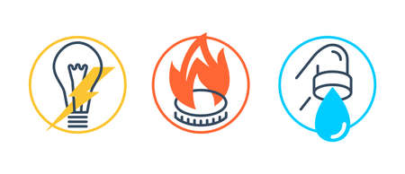 Technical building system icons set - electricity, gasification and water supply - vector signs for site architectural planのイラスト素材