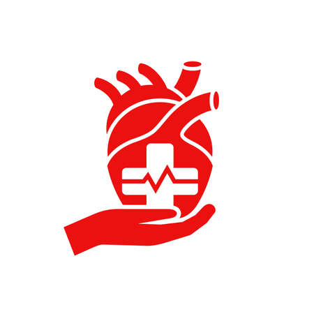 Heart care medical flat icon - and holds human heart with medical cross and pulse line inside - isolated vector logoのイラスト素材