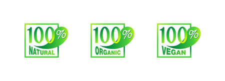 100 natural, 100 organic, 100 vegan - tag for healthy food, vegetarian nutrition in rectangle shape - vector sticker setのイラスト素材