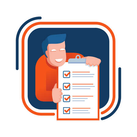 Checklist icon - absctact man holding big completed check list (test, questionnaire, planning) - isolated vector creative illustrationのイラスト素材