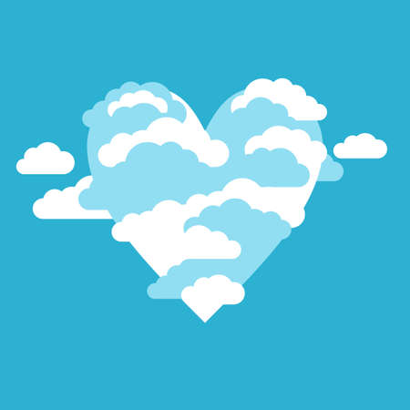 Heart shaped clouds on blue sky background - romantic vector cartoon illustration