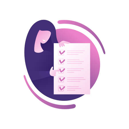 Checklist icon - absctact woman holding big completed check list (test, questionnaire, planning) and big pencil - isolated vector creative illustrationのイラスト素材