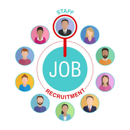 Staff recruitment concept - people avatars around JOB word and search loupe moving clockwise - vector infographic presentation elementのイラスト素材